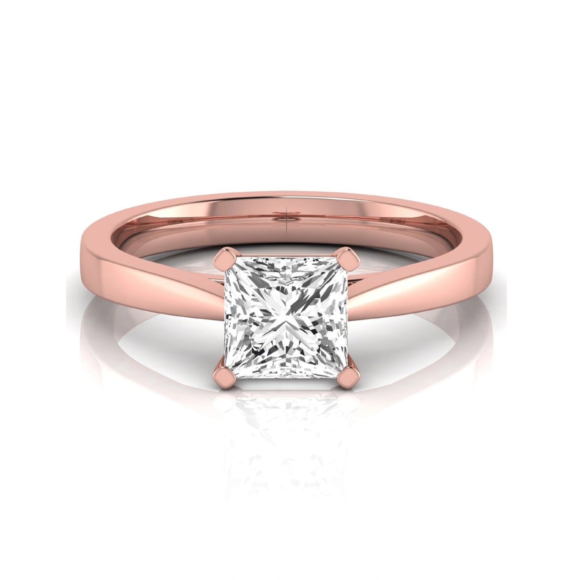 Princess cut lab grown diamond engagement ring featuring a 0.99 carat IGI certified center diamond in a classic four-prong solitaire setting with a polished rose gold band.
