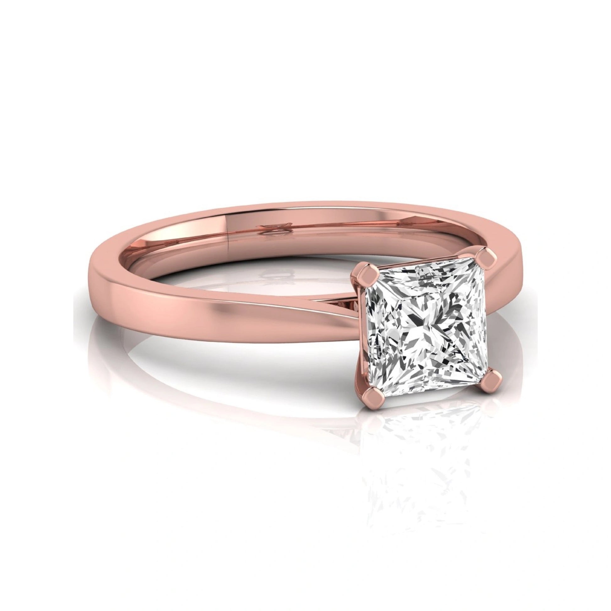 Princess cut lab grown diamond engagement ring featuring a 0.99 carat IGI certified center diamond in a classic four-prong solitaire setting with a polished rose gold band.