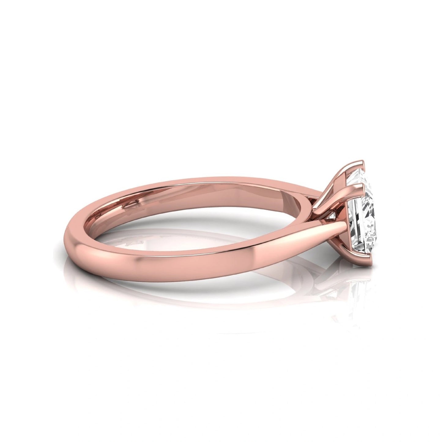 Princess cut lab grown diamond engagement ring featuring a 0.99 carat IGI certified center diamond in a classic four-prong solitaire setting with a polished rose gold band.