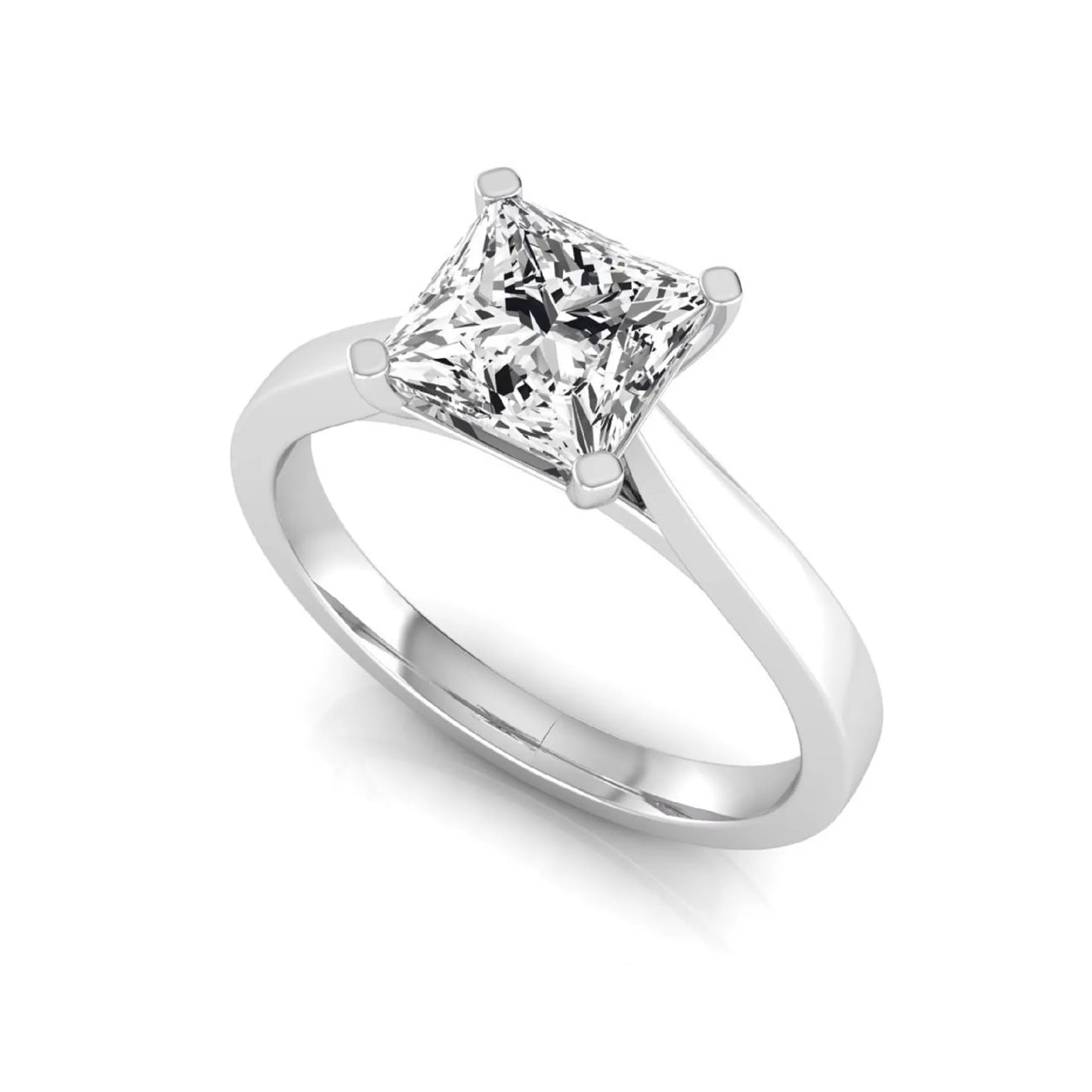 Princess cut lab grown diamond engagement ring featuring a 0.99 carat IGI certified center diamond in a classic four-prong solitaire setting with a polished white gold band.