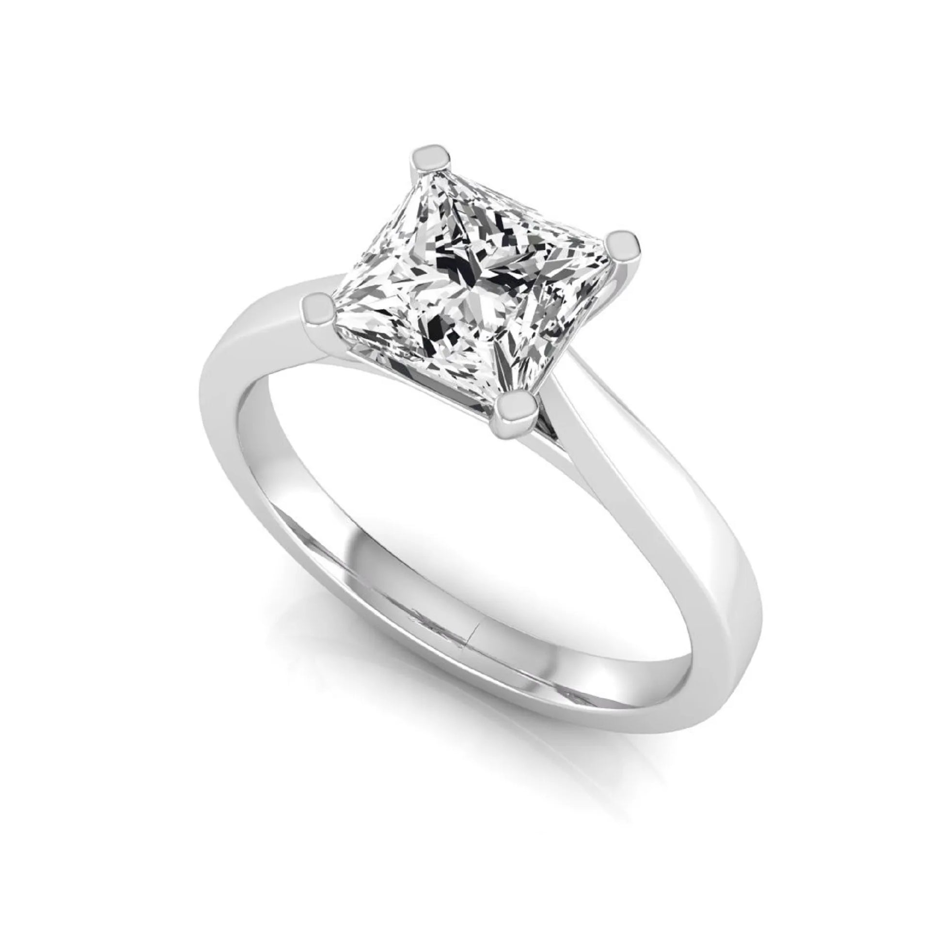 Princess cut lab grown diamond engagement ring featuring a 0.99 carat IGI certified center diamond in a classic four-prong solitaire setting with a polished white gold band.