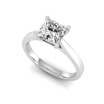 Princess cut lab grown diamond engagement ring featuring a 0.99 carat IGI certified center diamond in a classic four-prong solitaire setting with a polished white gold band.