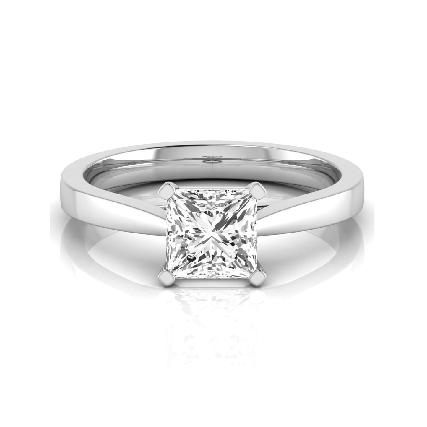 Princess cut lab grown diamond engagement ring featuring a 0.99 carat IGI certified center diamond in a classic four-prong solitaire setting with a polished white gold band.