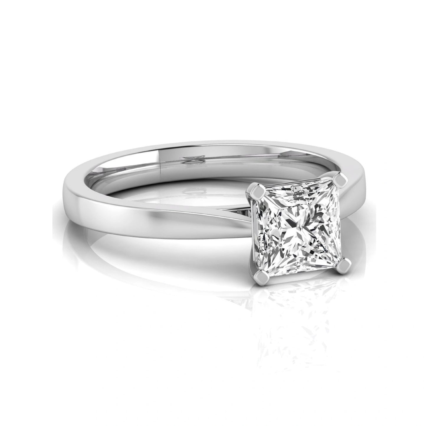 Princess cut lab grown diamond engagement ring featuring a 0.99 carat IGI certified center diamond in a classic four-prong solitaire setting with a polished white gold band.
