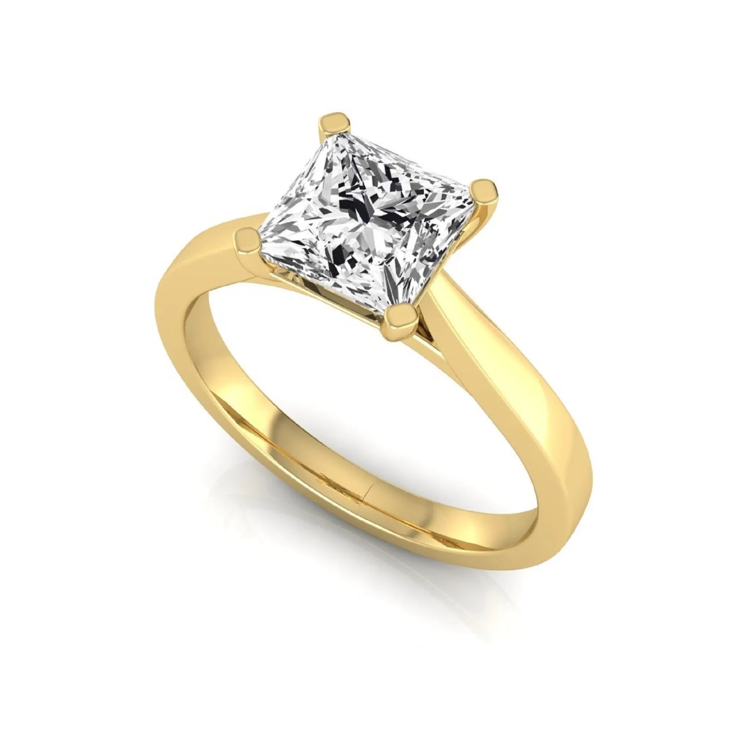 Princess cut lab grown diamond engagement ring featuring a 0.99 carat IGI certified center diamond in a classic four-prong solitaire setting with a polished yellow gold band.