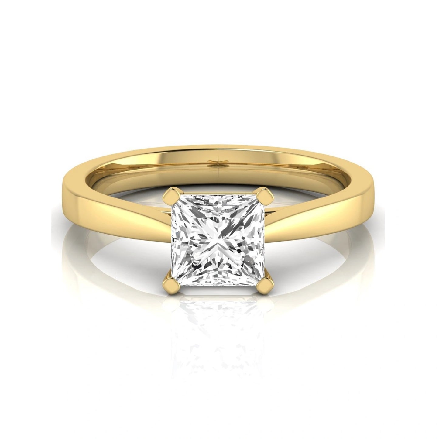 Princess cut lab grown diamond engagement ring featuring a 0.99 carat IGI certified center diamond in a classic four-prong solitaire setting with a polished yellow gold band.
