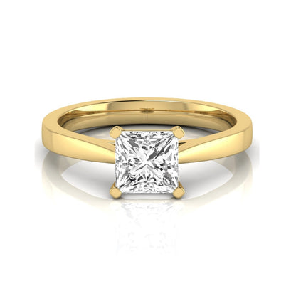 Princess cut lab grown diamond engagement ring featuring a 0.99 carat IGI certified center diamond in a classic four-prong solitaire setting with a polished yellow gold band.