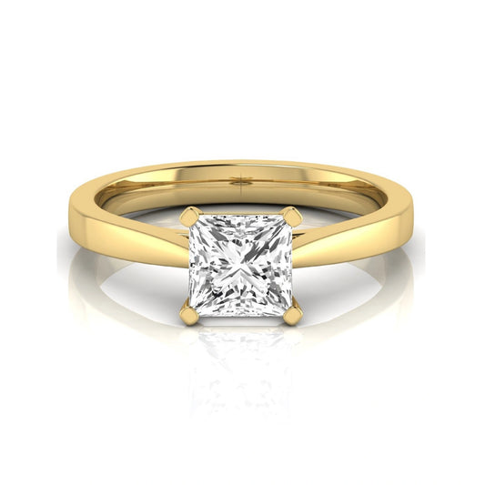 Princess cut lab grown diamond engagement ring featuring a 0.99 carat IGI certified center diamond in a classic four-prong solitaire setting with a polished yellow gold band.