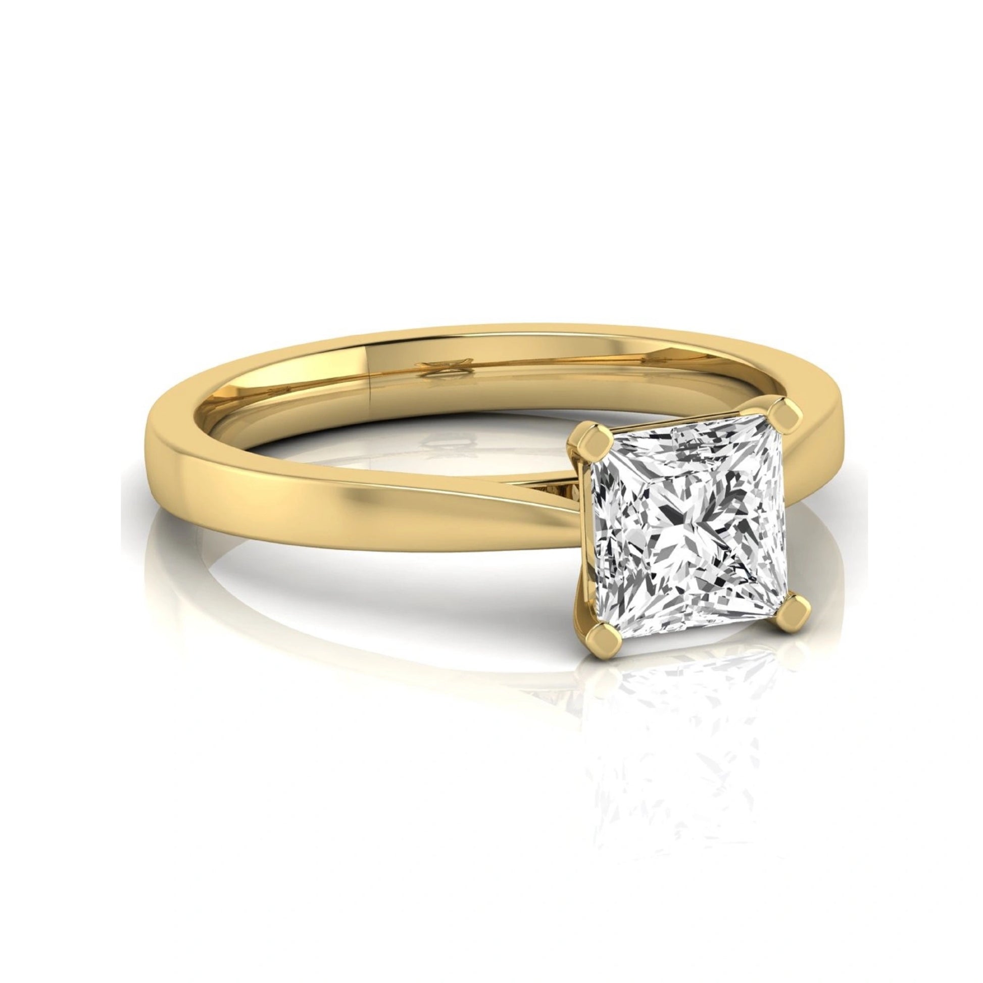 Princess cut lab grown diamond engagement ring featuring a 0.99 carat IGI certified center diamond in a classic four-prong solitaire setting with a polished yellow gold band.
