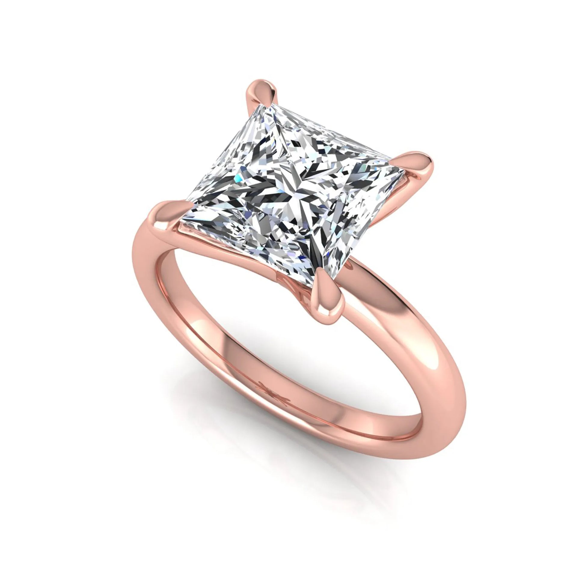 Princess cut lab grown diamond engagement ring featuring a 1.96 carat center diamond in a classic four-prong cathedral solitaire setting with a polished rose gold tone band.