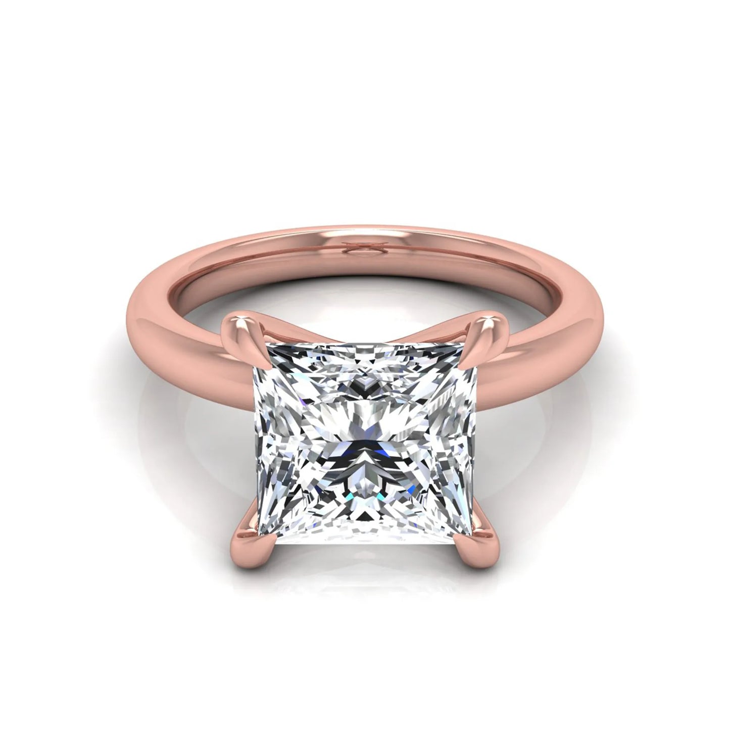 Princess cut lab grown diamond engagement ring featuring a 1.96 carat center diamond in a classic four-prong cathedral solitaire setting with a polished rose gold tone band.