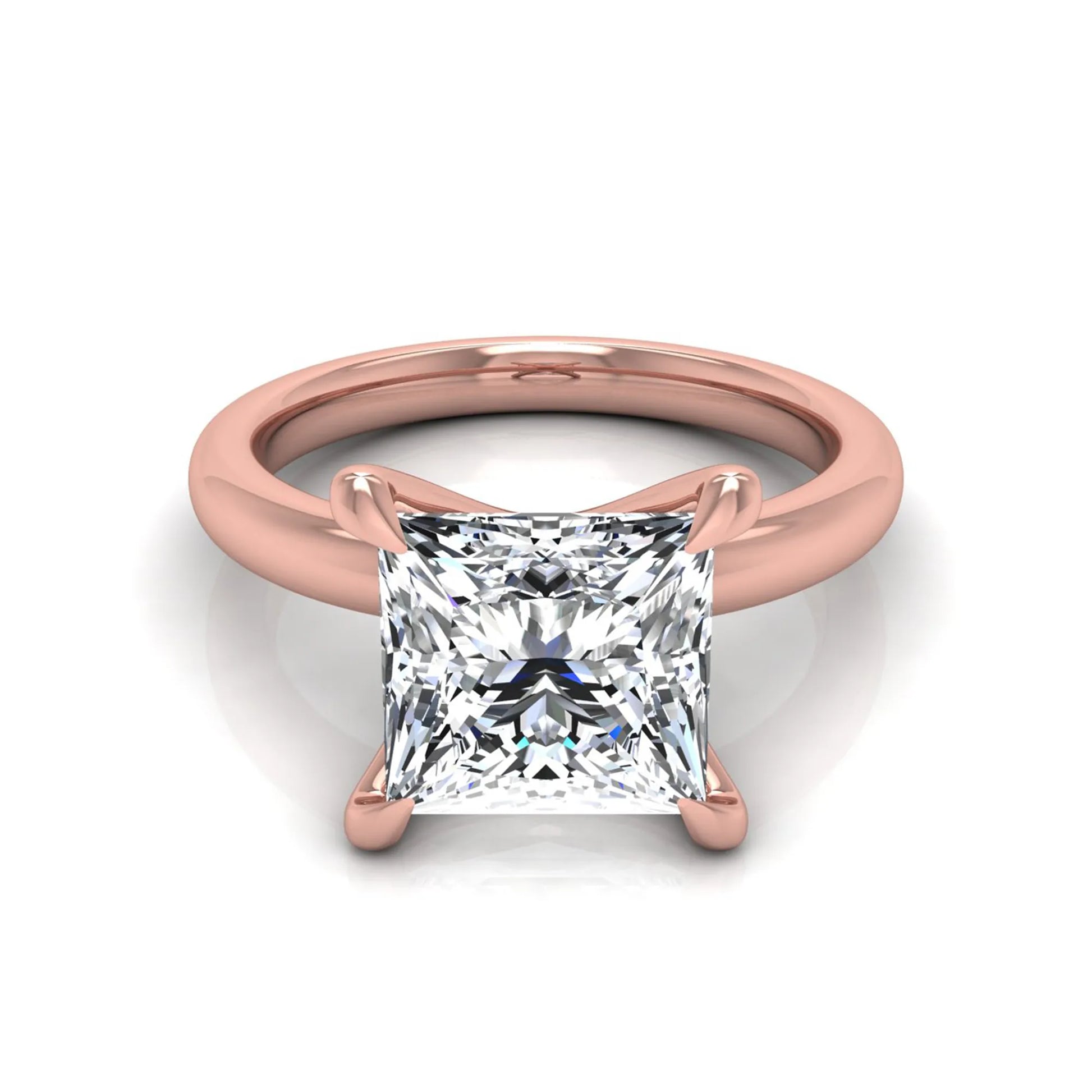 Princess cut lab grown diamond engagement ring featuring a 1.96 carat center diamond in a classic four-prong cathedral solitaire setting with a polished rose gold tone band.