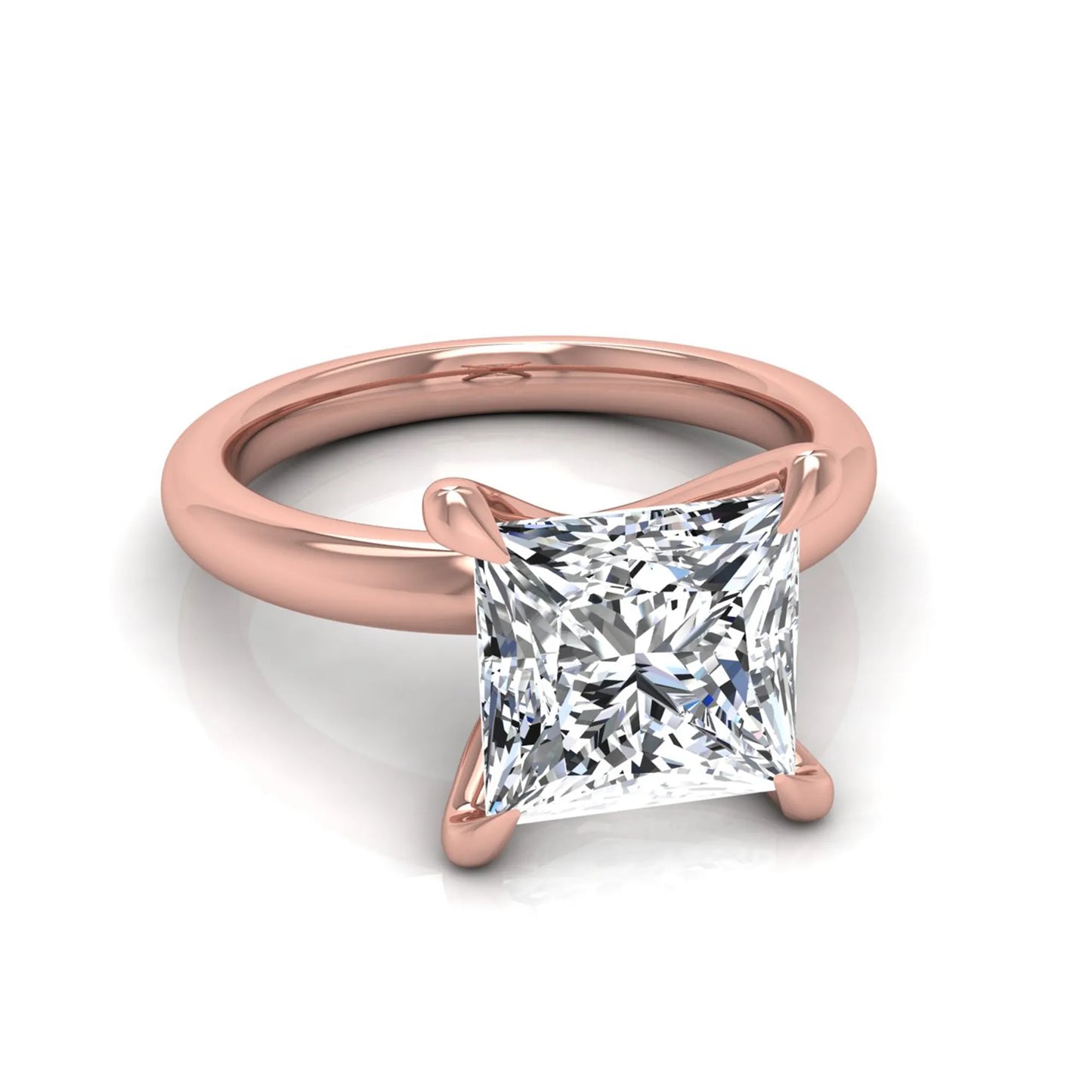 Princess cut lab grown diamond engagement ring featuring a 1.96 carat center diamond in a classic four-prong cathedral solitaire setting with a polished rose gold tone band.