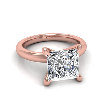 Princess cut lab grown diamond engagement ring featuring a 1.96 carat center diamond in a classic four-prong cathedral solitaire setting with a polished rose gold tone band.