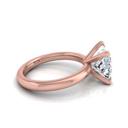 Princess cut lab grown diamond engagement ring featuring a 1.96 carat center diamond in a classic four-prong cathedral solitaire setting with a polished rose gold tone band.