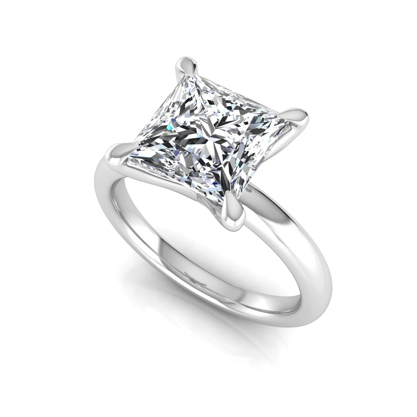 Princess cut lab grown diamond engagement ring featuring a 1.96 carat center diamond in a classic four-prong cathedral solitaire setting with a polished white gold tone band.