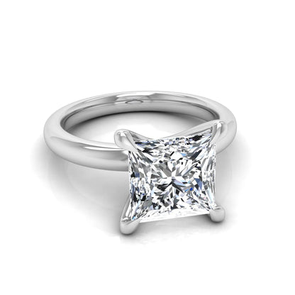 Princess cut lab grown diamond engagement ring featuring a 1.96 carat center diamond in a classic four-prong cathedral solitaire setting with a polished white gold tone band.