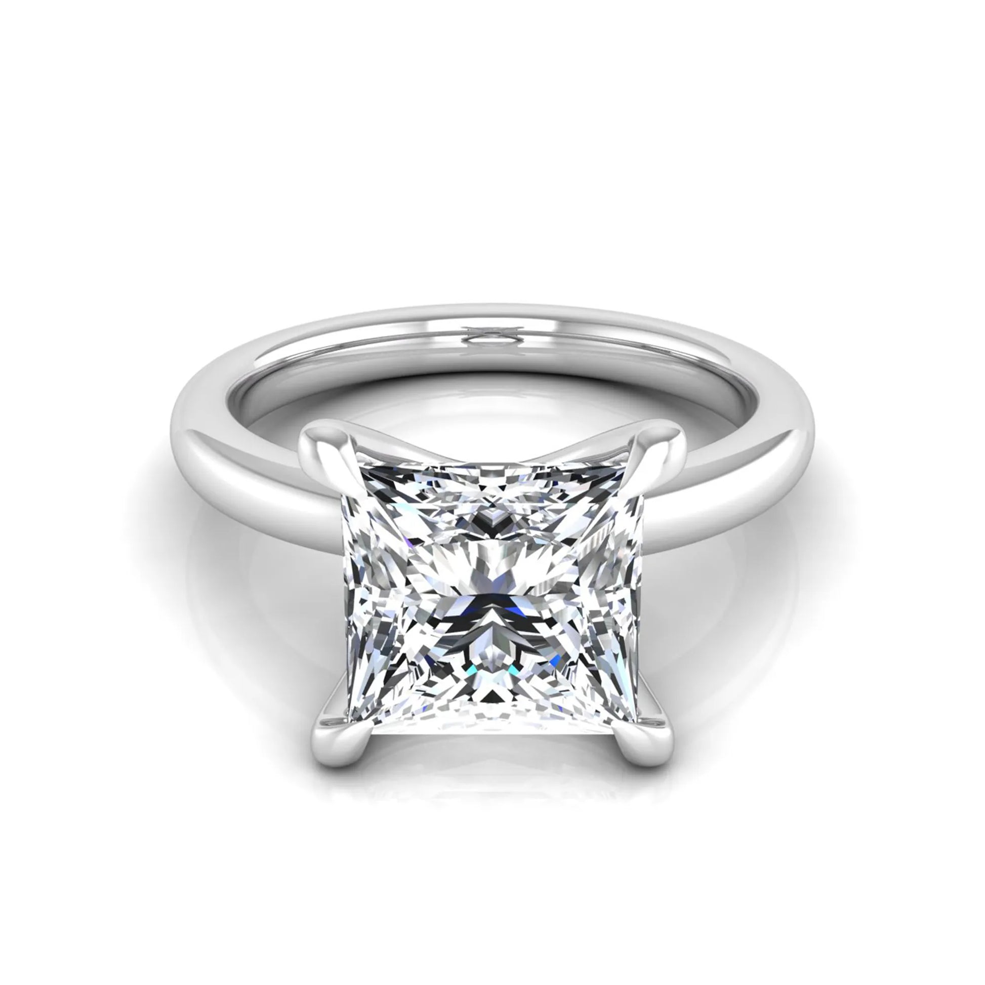 Princess cut lab grown diamond engagement ring featuring a 1.96 carat center diamond in a classic four-prong cathedral solitaire setting with a polished white gold tone band.