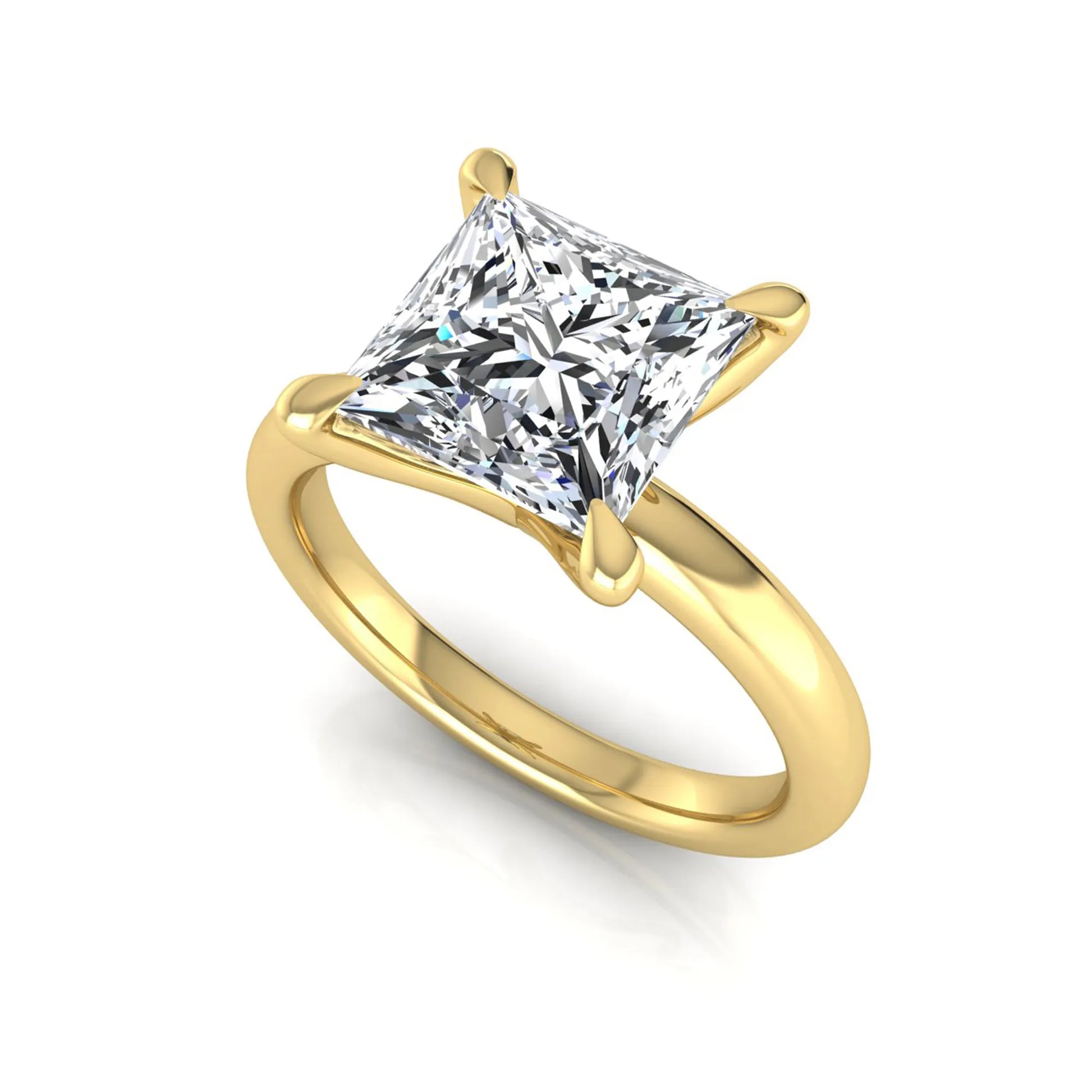 Princess cut lab grown diamond engagement ring featuring a 1.96 carat center diamond in a classic four-prong cathedral solitaire setting with a polished yellow gold tone band.