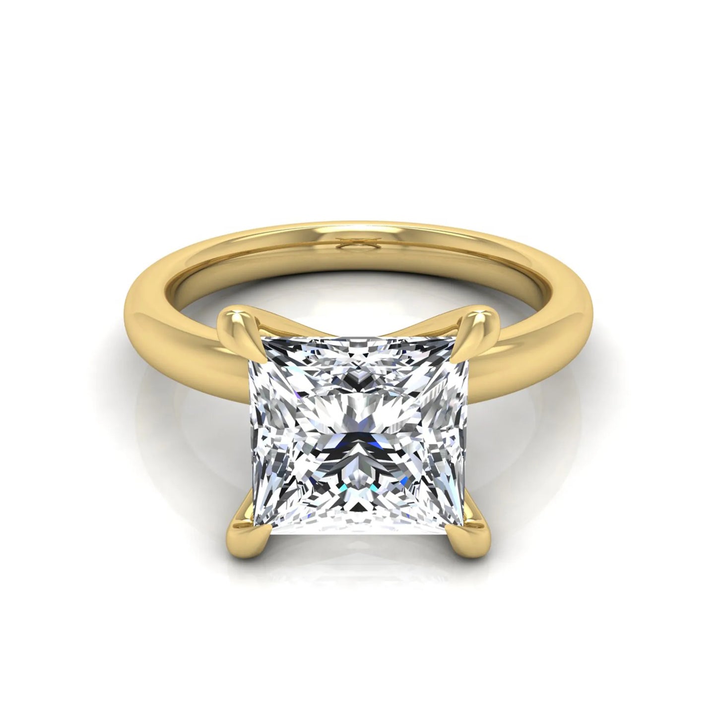 Princess cut lab grown diamond engagement ring featuring a 1.96 carat center diamond in a classic four-prong cathedral solitaire setting with a polished yellow gold tone band.