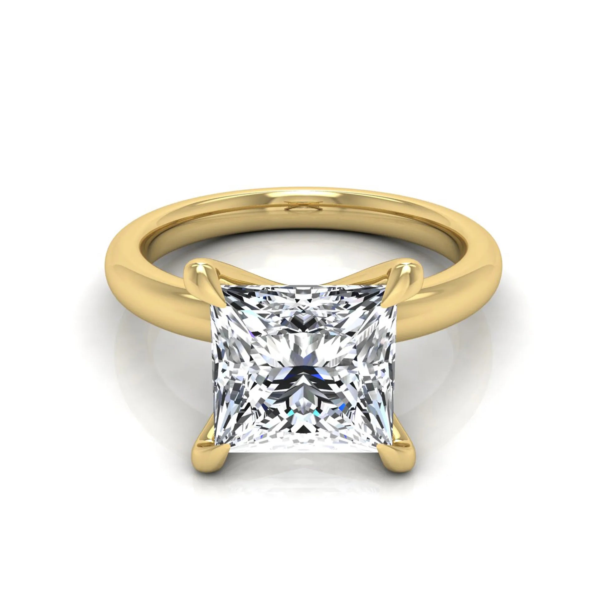 Princess cut lab grown diamond engagement ring featuring a 1.96 carat center diamond in a classic four-prong cathedral solitaire setting with a polished yellow gold tone band.