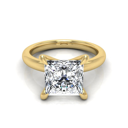 Princess cut lab grown diamond engagement ring featuring a 1.96 carat center diamond in a classic four-prong cathedral solitaire setting with a polished yellow gold tone band.