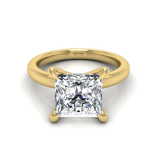 Princess cut lab grown diamond engagement ring featuring a 1.96 carat center diamond in a classic four-prong cathedral solitaire setting with a polished yellow gold tone band.
