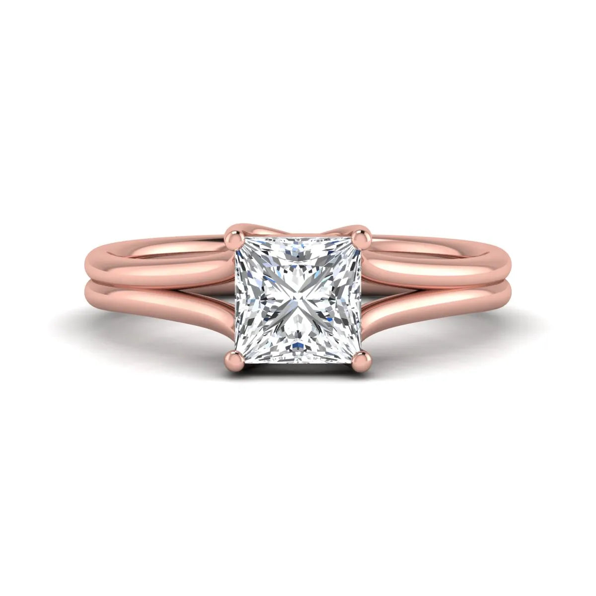 IGI Certified 1.25 carat princess cut lab grown diamond solitaire engagement ring with elegant split shank band in rose gold.