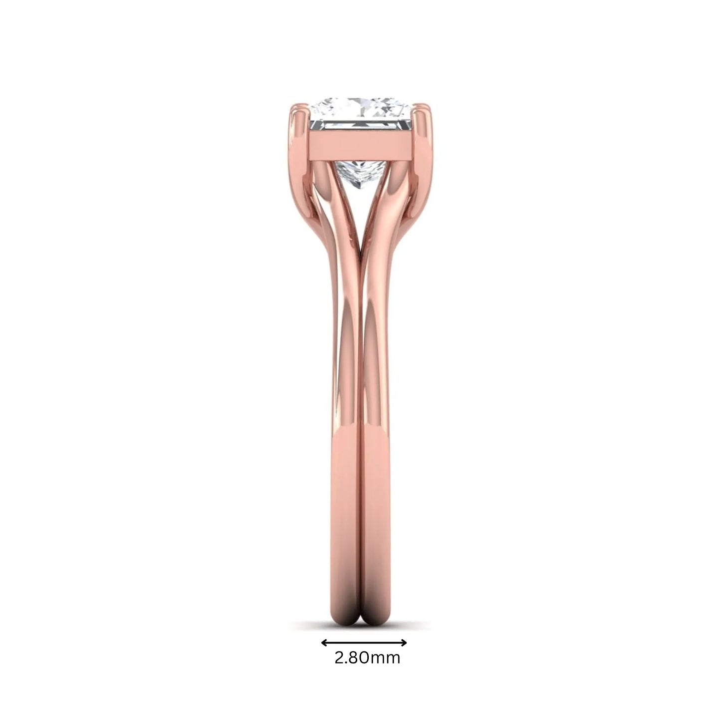 IGI Certified 1.25 carat princess cut lab grown diamond solitaire engagement ring with elegant split shank band in rose gold.