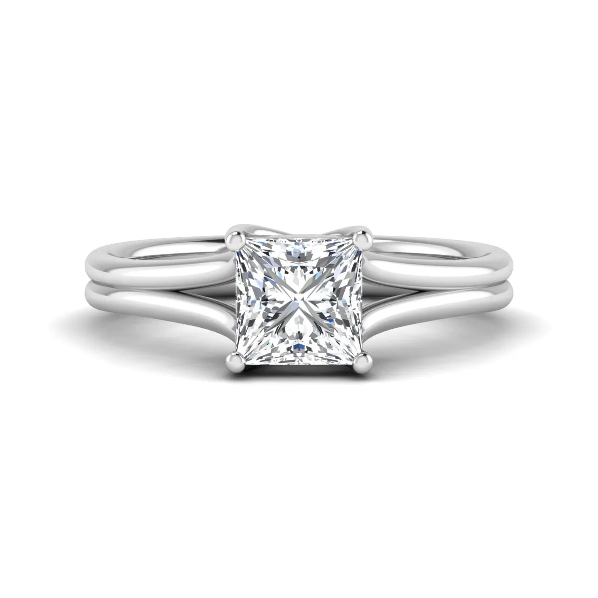 IGI Certified 1.25 carat princess cut lab grown diamond solitaire engagement ring with elegant split shank band in white gold.