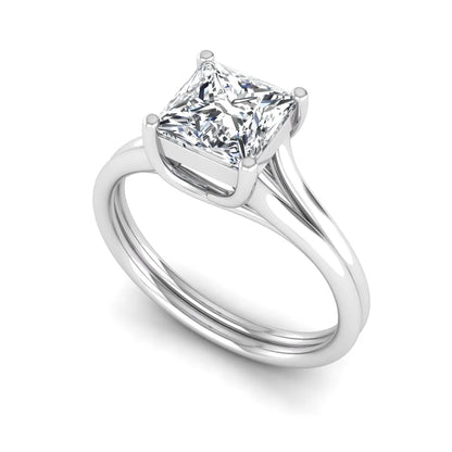 IGI Certified 1.25 carat princess cut lab grown diamond solitaire engagement ring with elegant split shank band in white gold.