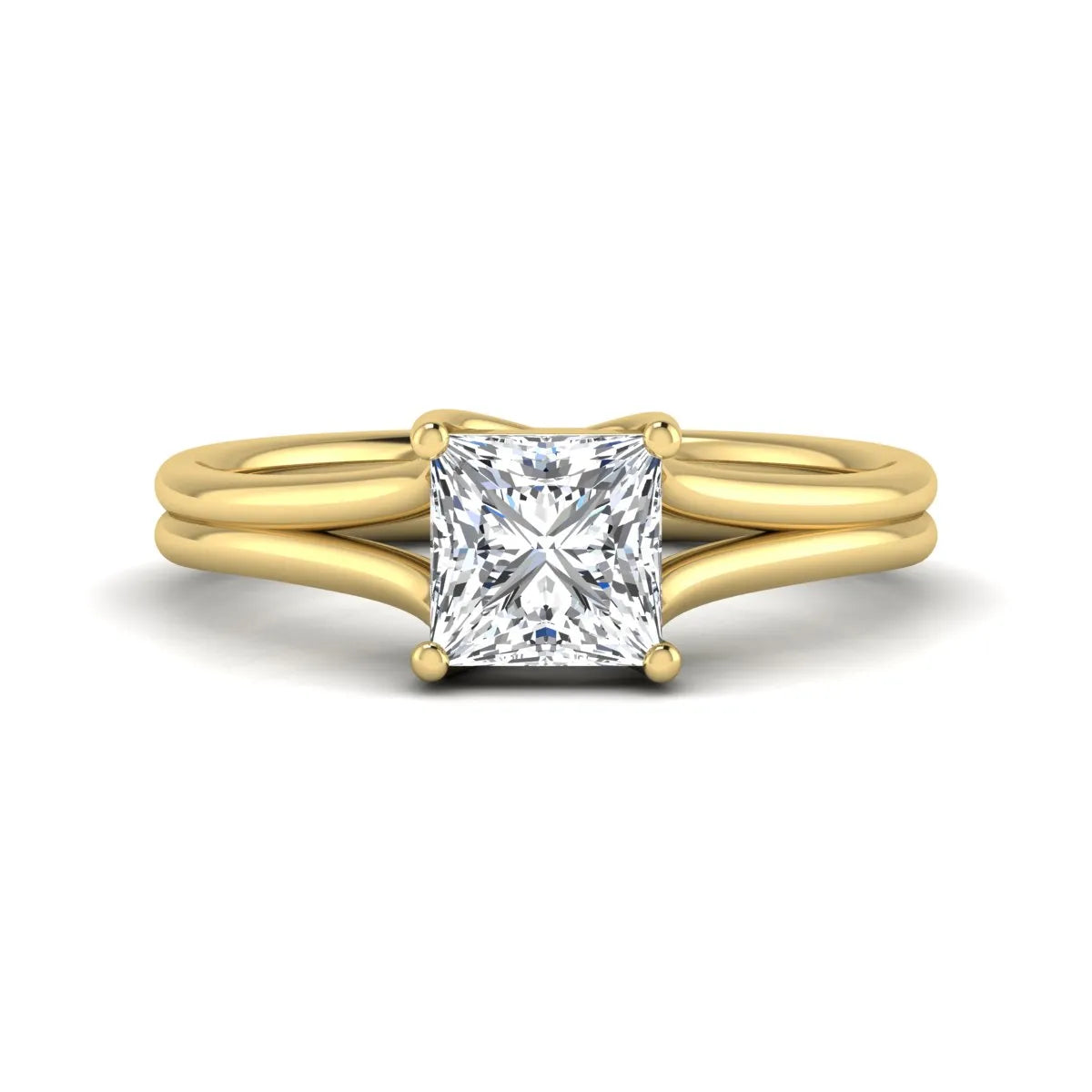 IGI Certified 1.25 carat princess cut lab grown diamond solitaire engagement ring with elegant split shank band in yellow gold.