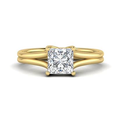 IGI Certified 1.25 carat princess cut lab grown diamond solitaire engagement ring with elegant split shank band in yellow gold.