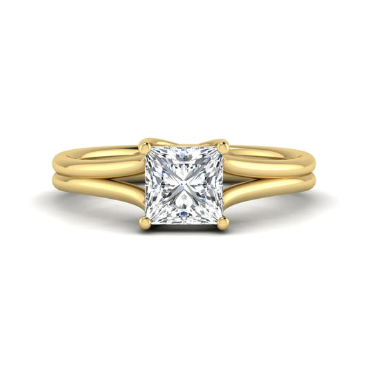 IGI Certified 1.25 carat princess cut lab grown diamond solitaire engagement ring with elegant split shank band in yellow gold.