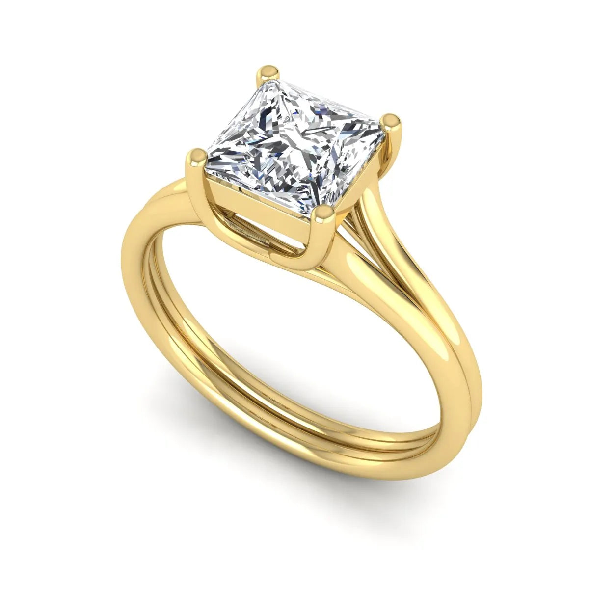 IGI Certified 1.25 carat princess cut lab grown diamond solitaire engagement ring with elegant split shank band in yellow gold.