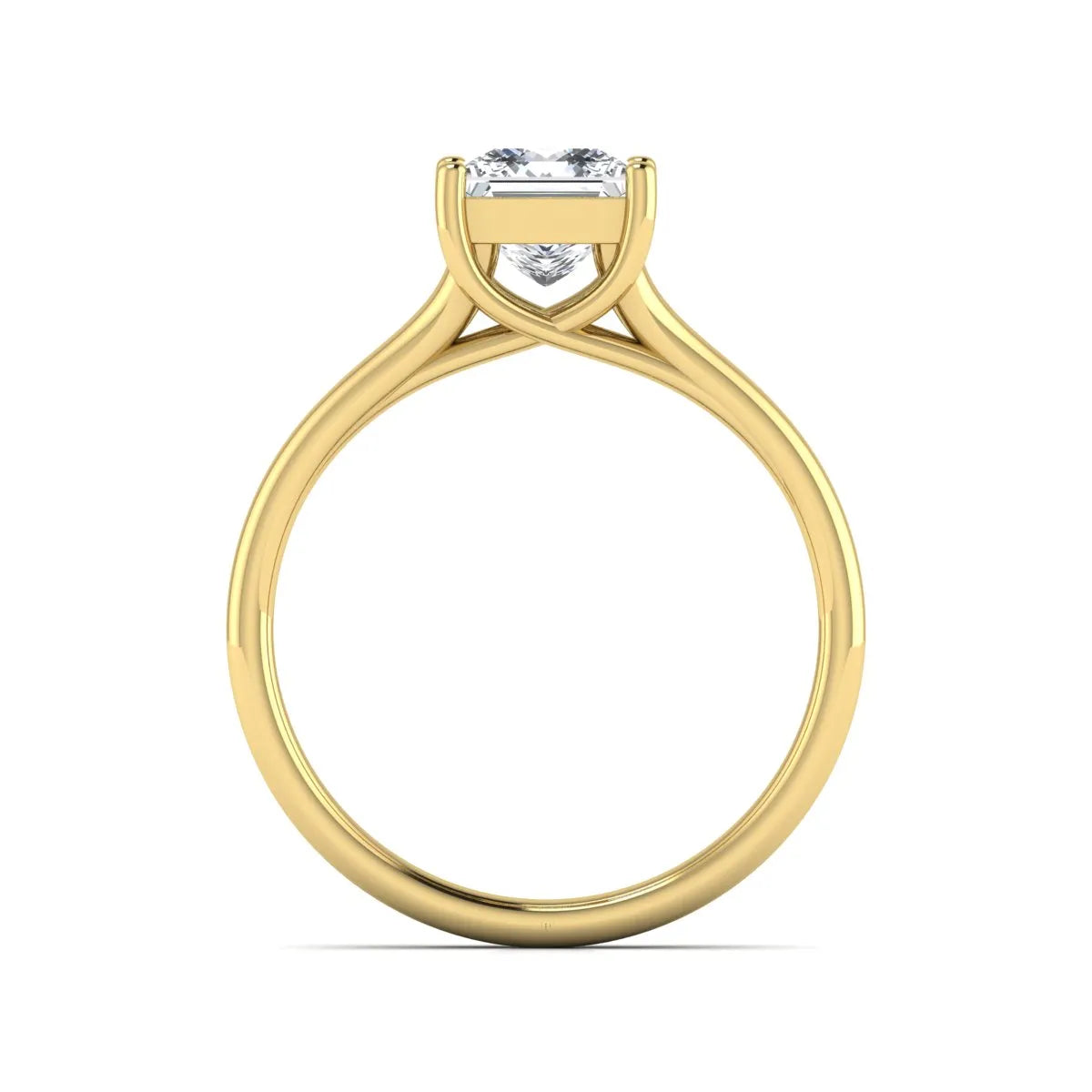 IGI Certified 1.25 carat princess cut lab grown diamond solitaire engagement ring with elegant split shank band in yellow gold.