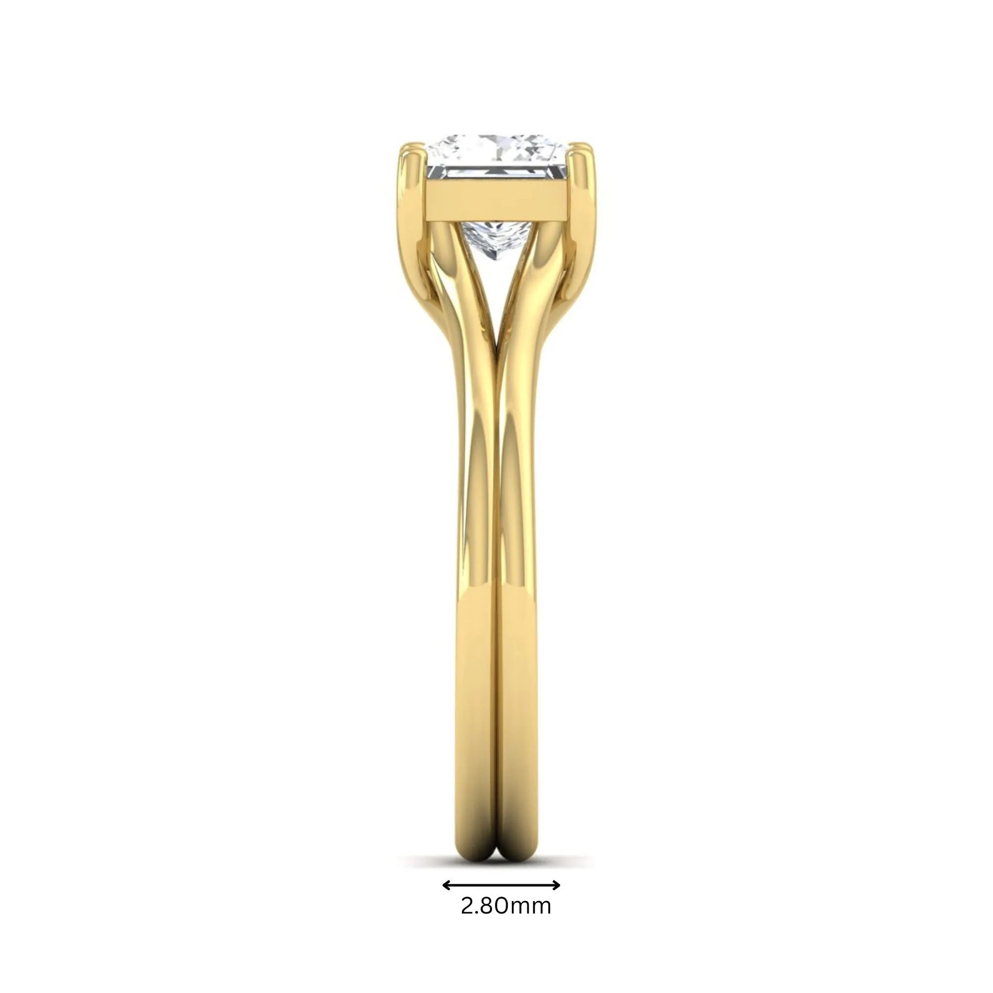 IGI Certified 1.25 carat princess cut lab grown diamond solitaire engagement ring with elegant split shank band in yellow gold.