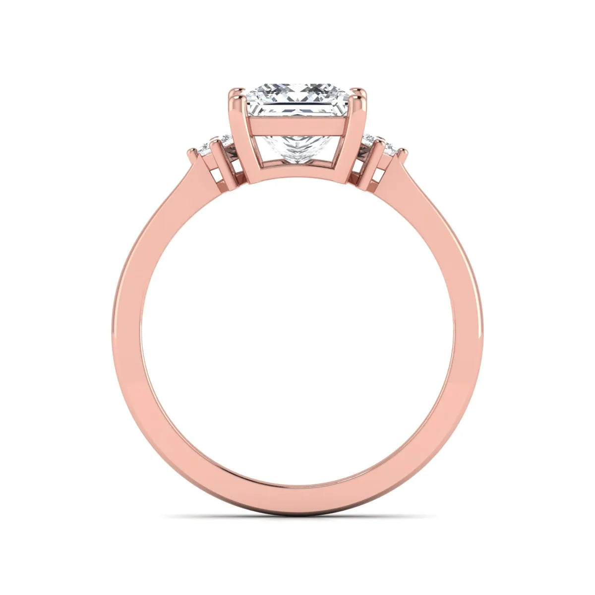 Princess cut lab grown diamond three stone engagement ring featuring a four-prong center diamond with princess cut side stones in rose gold.