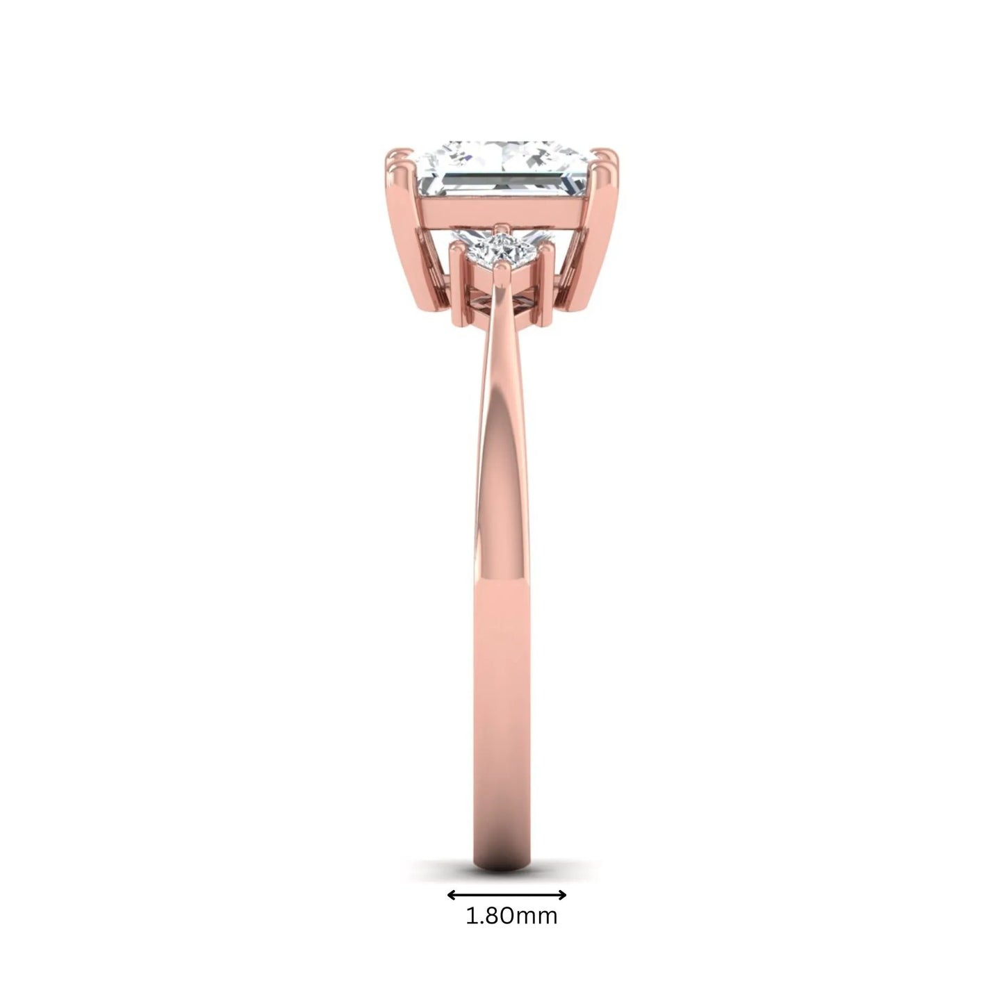 Princess cut lab grown diamond three stone engagement ring featuring a four-prong center diamond with princess cut side stones in rose gold.