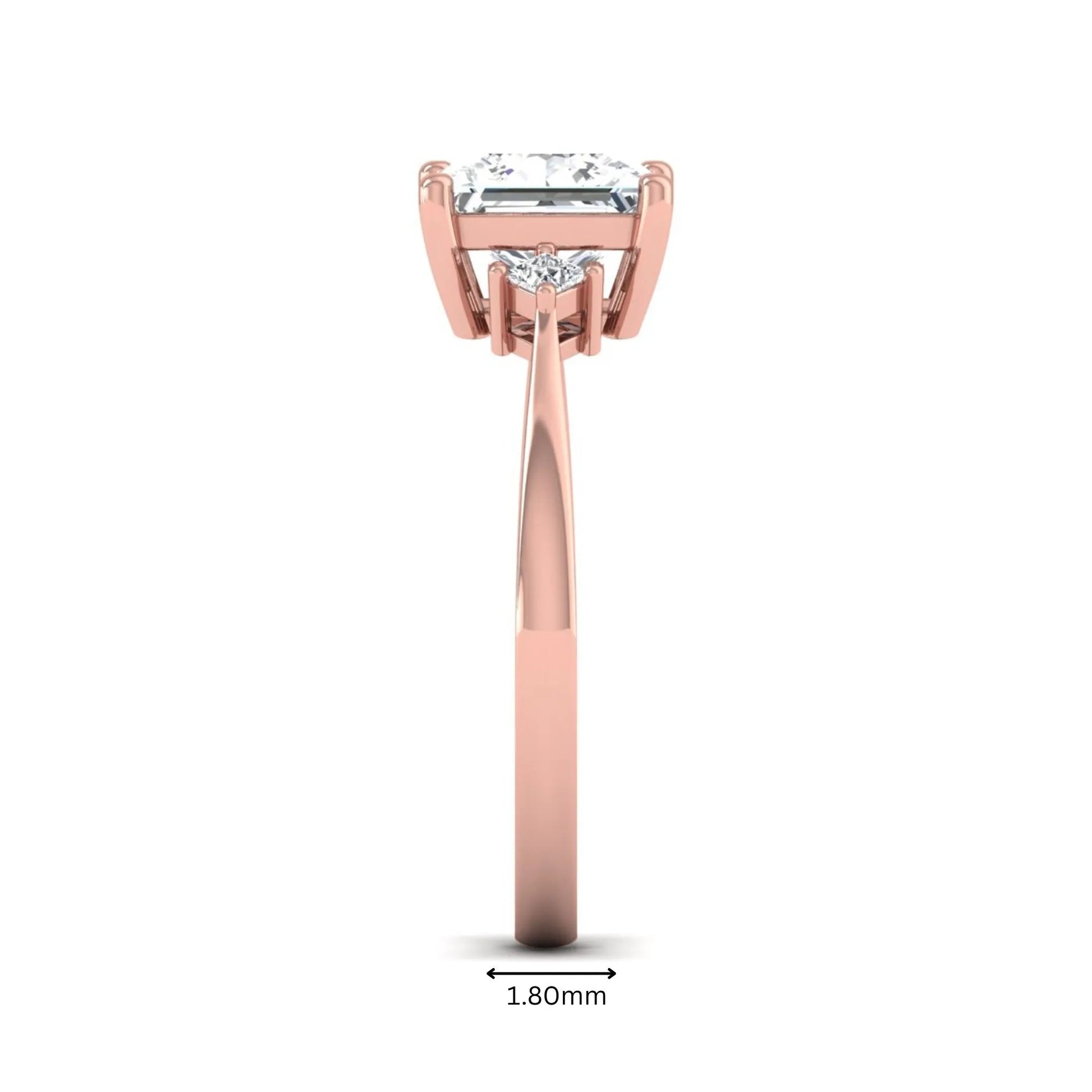Princess cut lab grown diamond three stone engagement ring featuring a four-prong center diamond with princess cut side stones in rose gold.