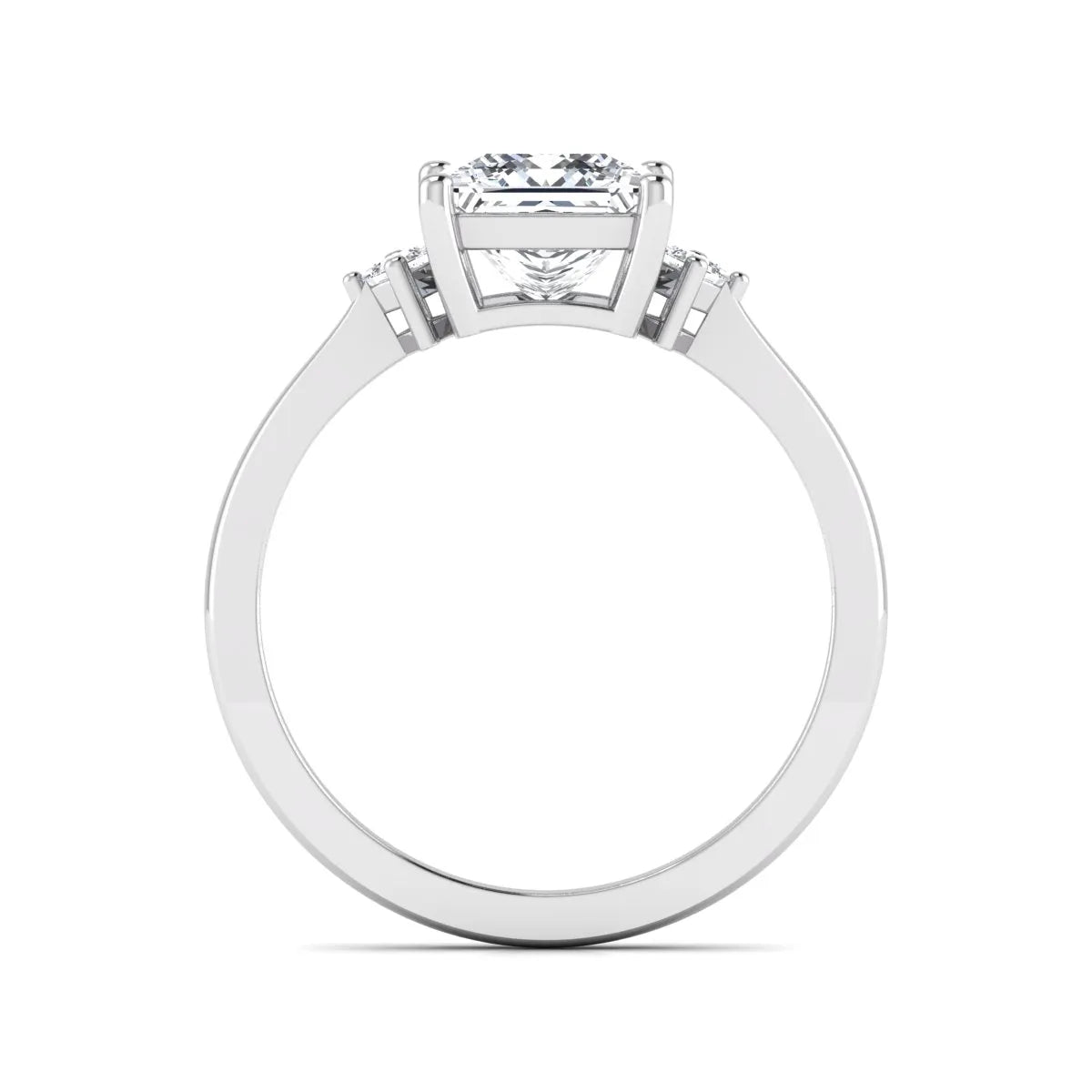 Princess cut lab grown diamond three stone engagement ring featuring a four-prong center diamond with princess cut side stones in white gold.