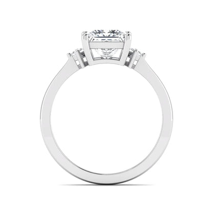 Princess cut lab grown diamond three stone engagement ring featuring a four-prong center diamond with princess cut side stones in white gold.