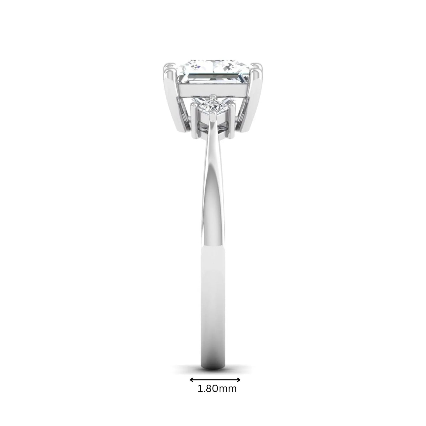 Princess cut lab grown diamond three stone engagement ring featuring a four-prong center diamond with princess cut side stones in white gold.