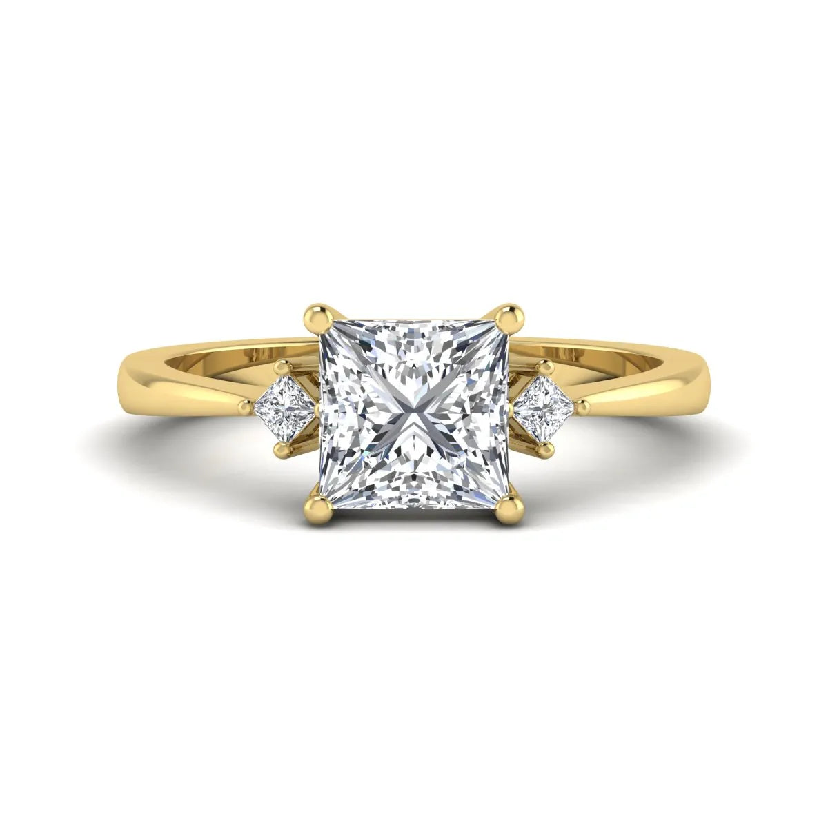 Princess cut lab grown diamond three stone engagement ring featuring a four-prong center diamond with princess cut side stones in yellow gold.