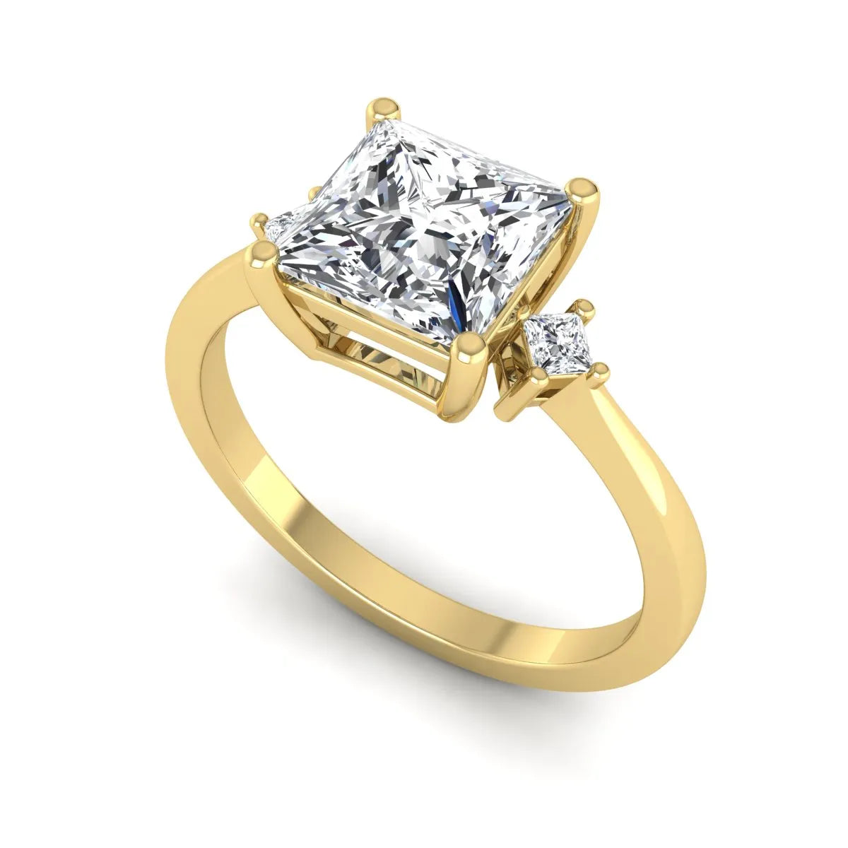 Princess cut lab grown diamond three stone engagement ring featuring a four-prong center diamond with princess cut side stones in yellow gold.