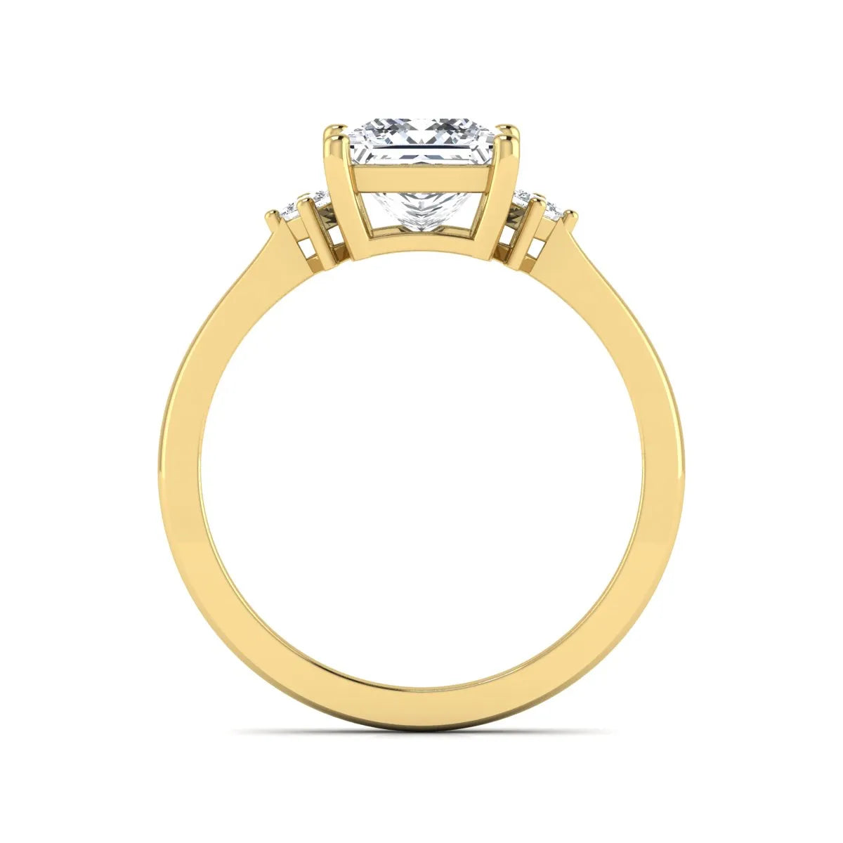 Princess cut lab grown diamond three stone engagement ring featuring a four-prong center diamond with princess cut side stones in yellow gold.