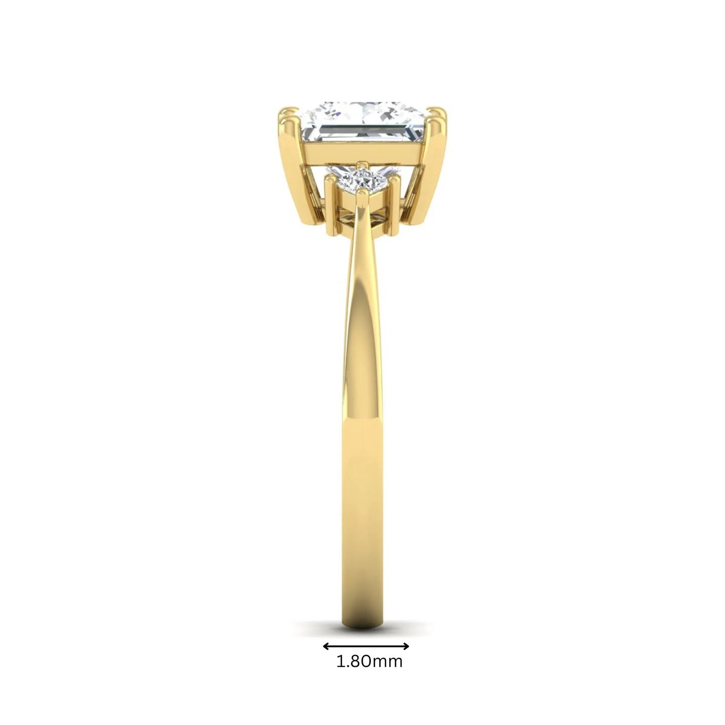 Princess cut lab grown diamond three stone engagement ring featuring a four-prong center diamond with princess cut side stones in yellow gold.