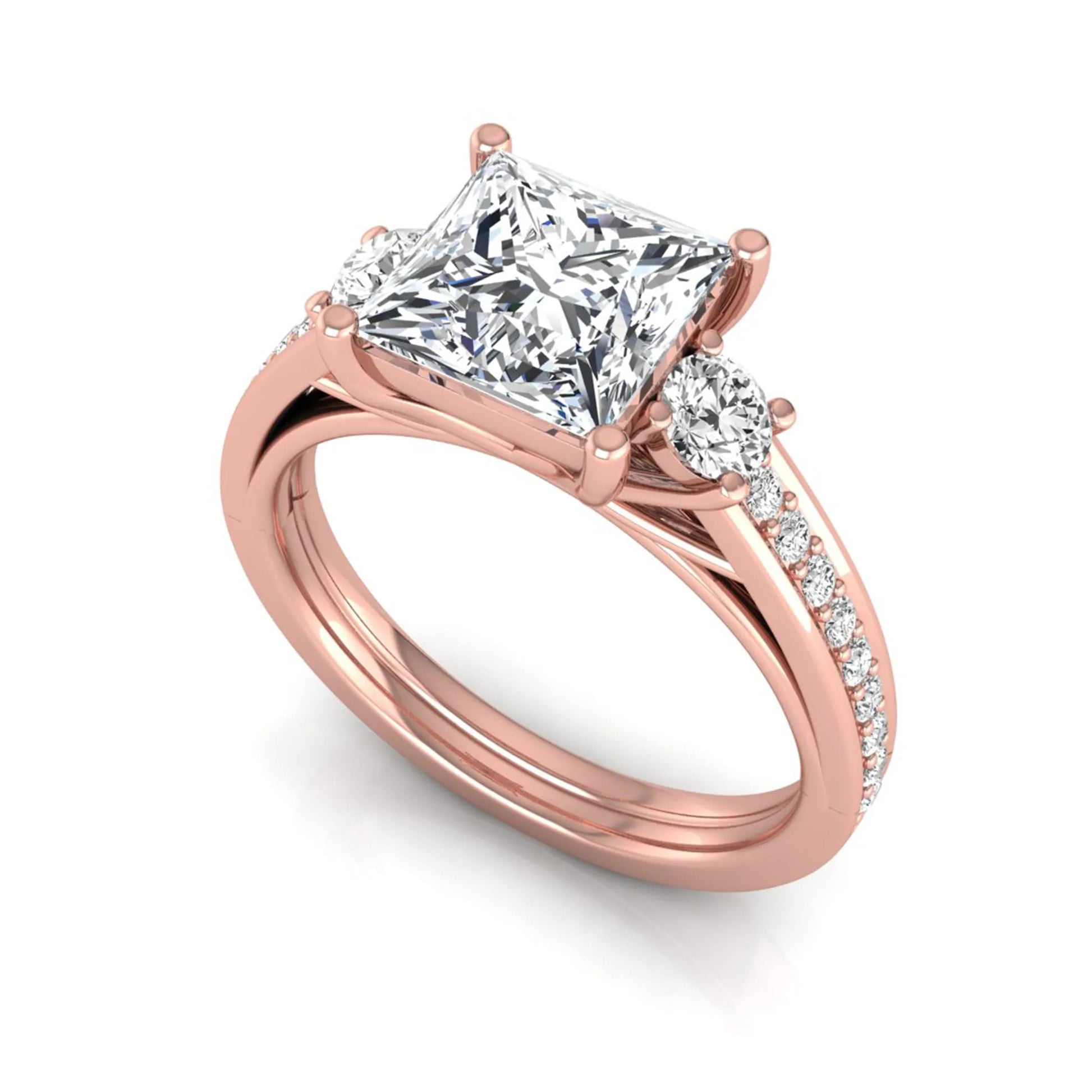Princess cut three stone lab grown diamond engagement ring featuring a princess center diamond, round side diamonds, and pavé band in Rose metal tone.