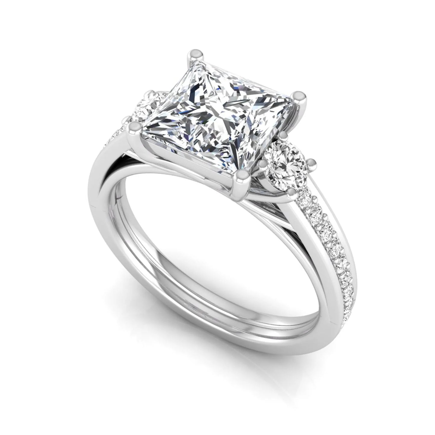 Princess cut three stone lab grown diamond engagement ring featuring a princess center diamond, round side diamonds, and pavé band in White metal tone.