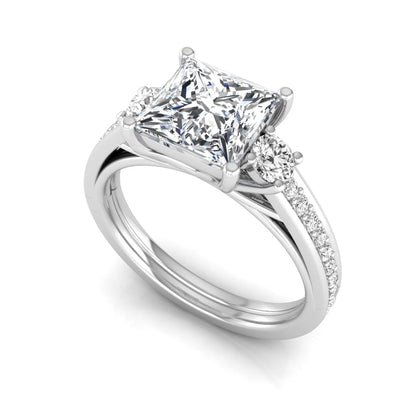 Princess cut three stone lab grown diamond engagement ring featuring a princess center diamond, round side diamonds, and pavé band in White metal tone.